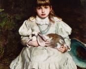 弗兰克 霍尔 : Portrait of a Young Girl Holding a Pet Rabbit